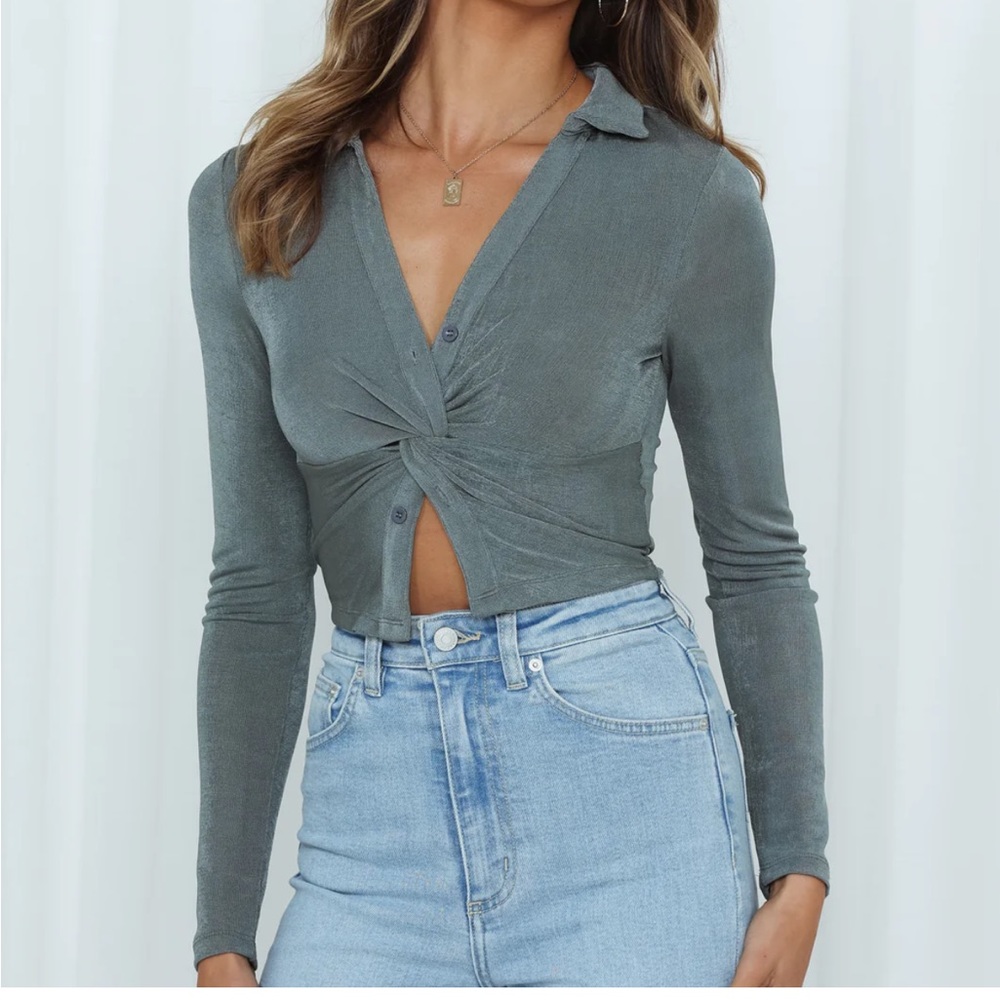 Hello Molly Gray Twist Front Top